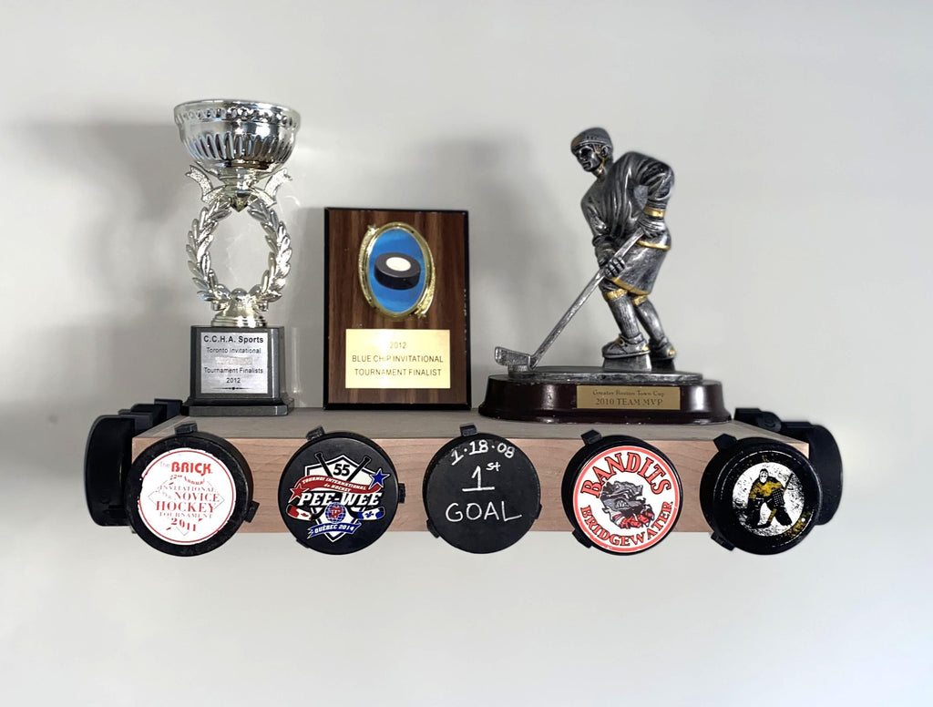 Hockey Puck Display Trophy Shelf: Memorabilia, 8" Wide Floating Shelf, Hockey Player Room Decor