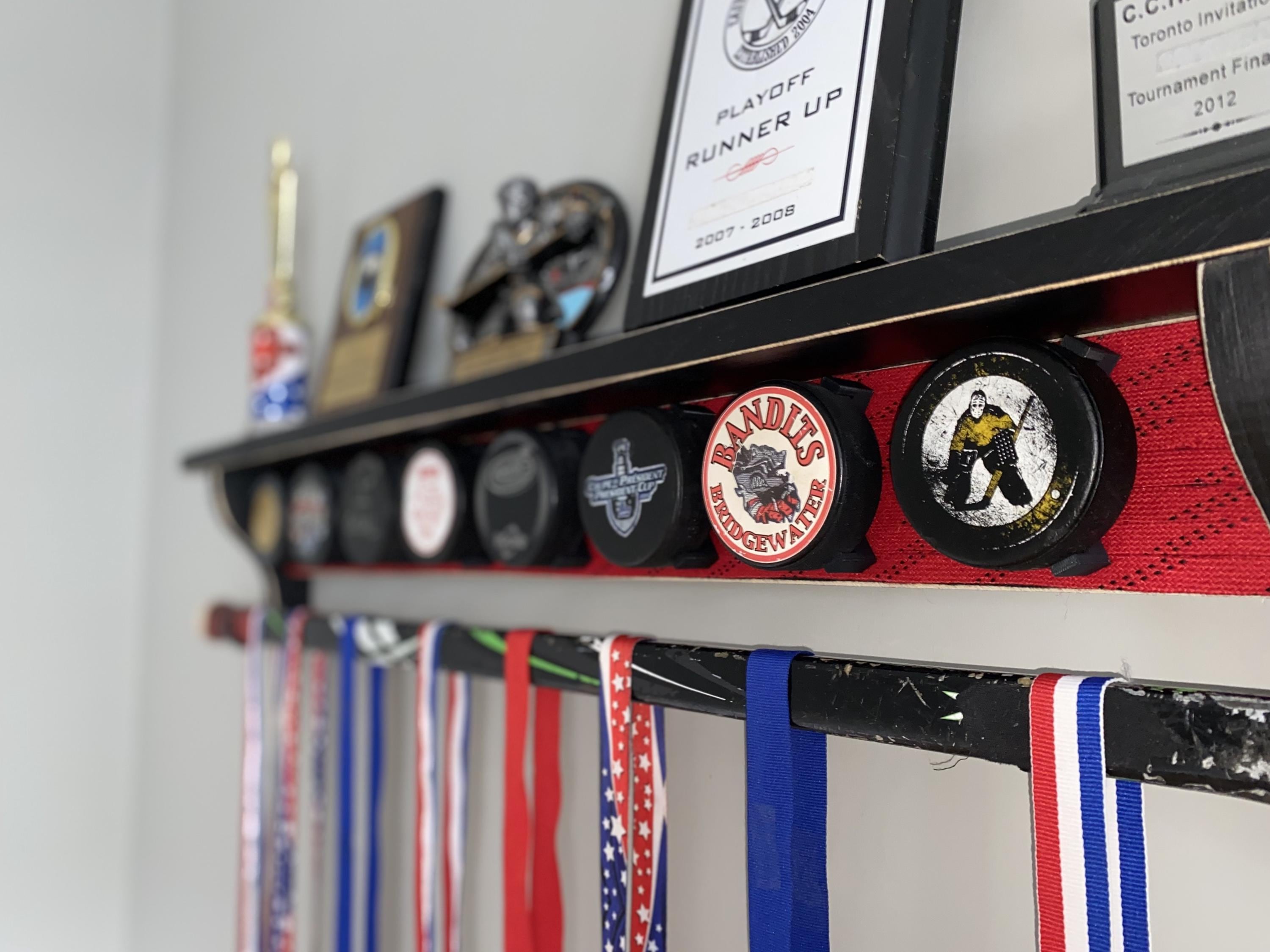 Hockey Puck Display Shelf with Hockey Laces: Trophy & Ribbon Organizer