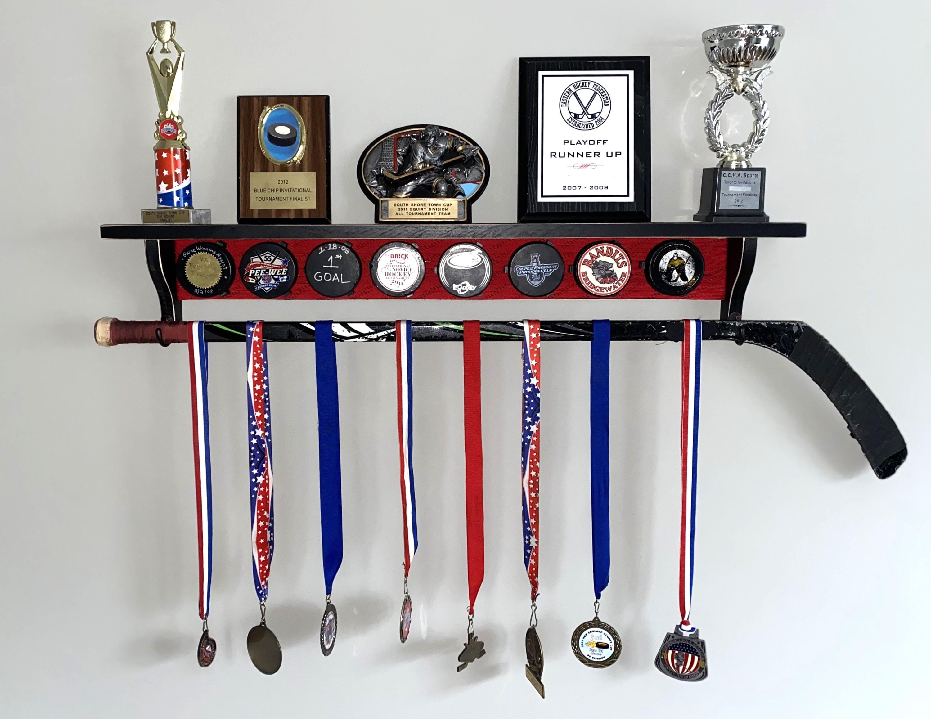 Hockey Puck Display Shelf with Hockey Laces: Trophy & Ribbon Organizer
