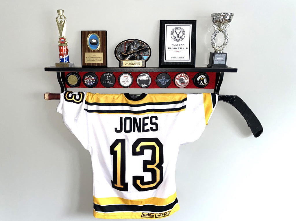 Hockey Puck Display Shelf with Hockey Laces: Trophy & Ribbon Organizer