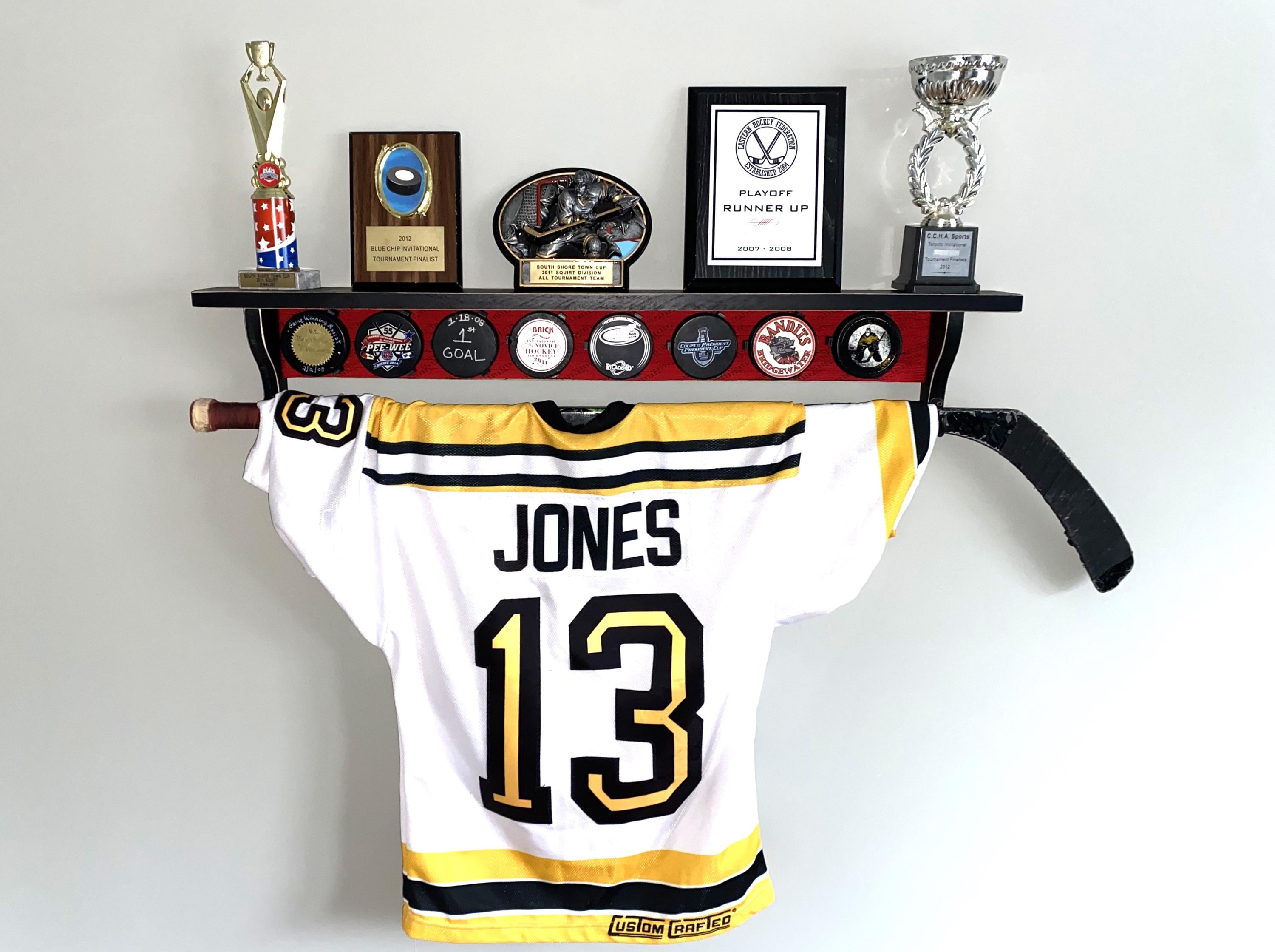 Hockey Puck Display Shelf with Hockey Laces: Trophy & Ribbon Organizer