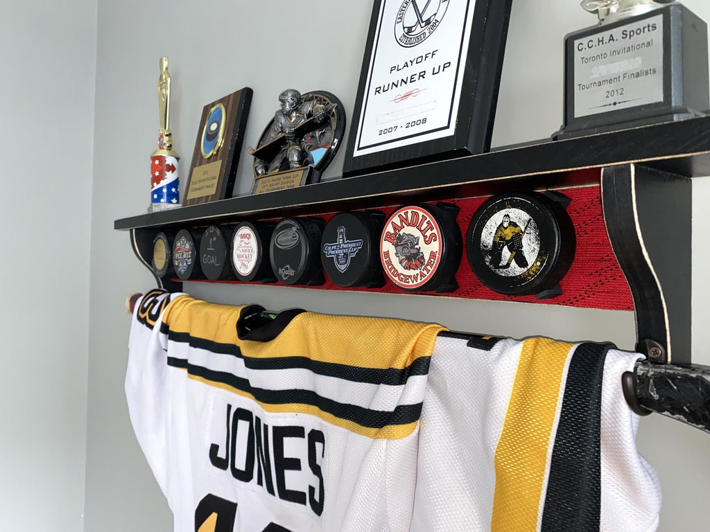 Hockey Puck Display Shelf with Hockey Laces: Trophy & Ribbon Organizer