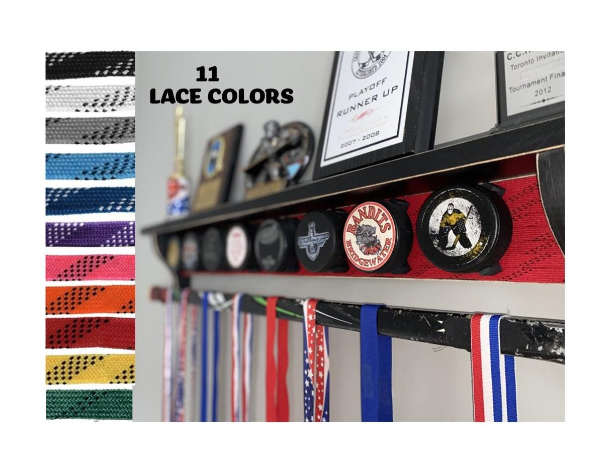Hockey Puck Display Shelf with Hockey Laces: Trophy & Ribbon Organizer