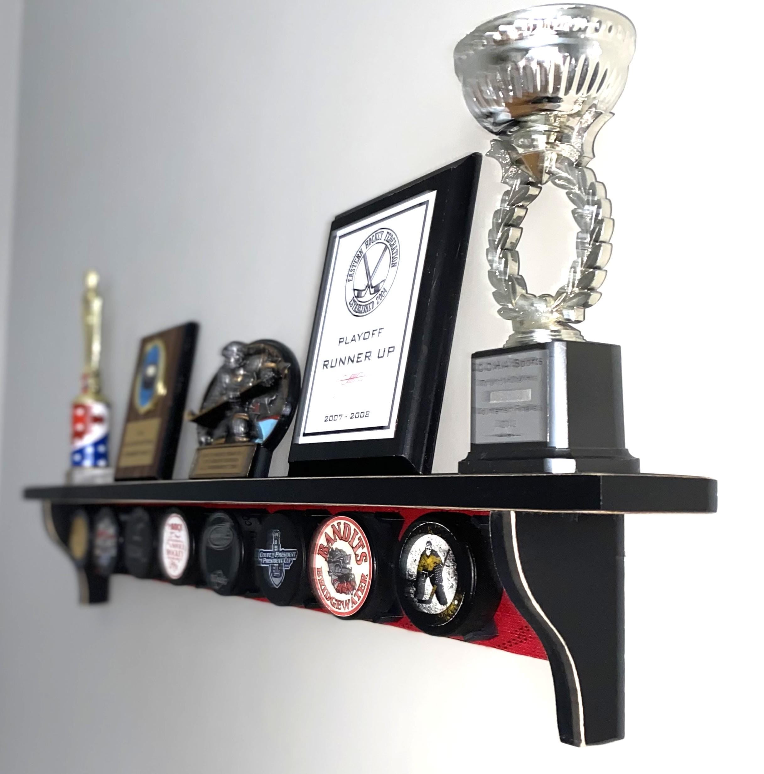 Hockey Puck Display Shelf with Hockey Laces: Trophy & Ribbon Organizer