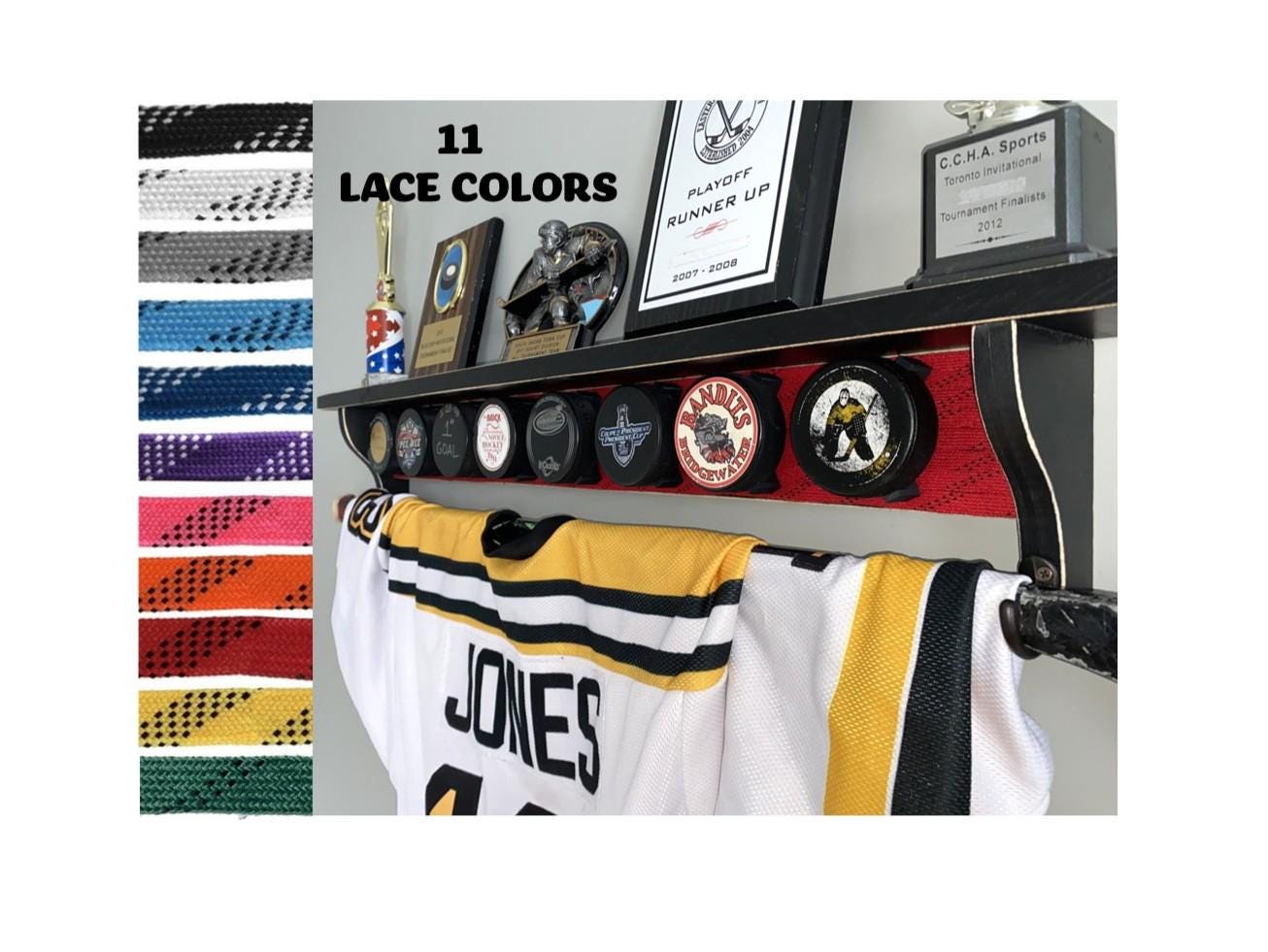 Hockey Puck Display Shelf with Hockey Laces: Trophy & Ribbon Organizer