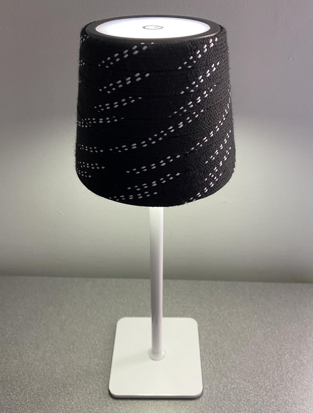Hockey Laces Lamp: Rechargeable, Cordless, Black/White/Brass Gold