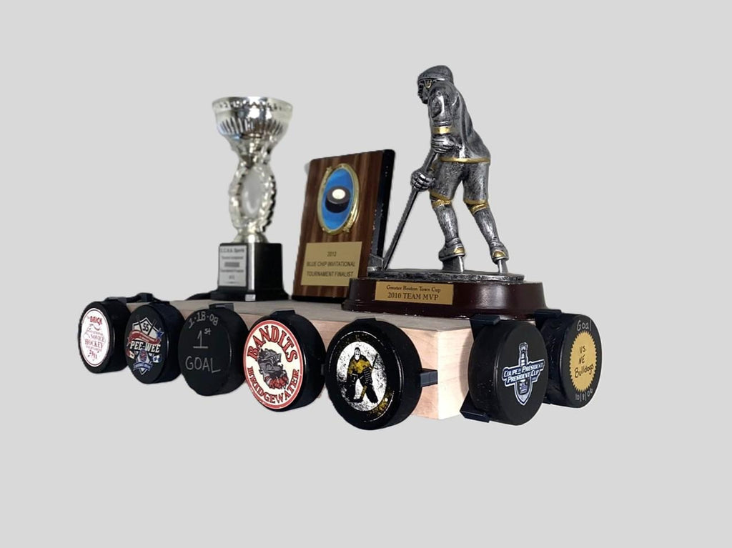 Hockey Puck Display Trophy Shelf: Memorabilia, 8" Wide Floating Shelf, Hockey Player Room Decor