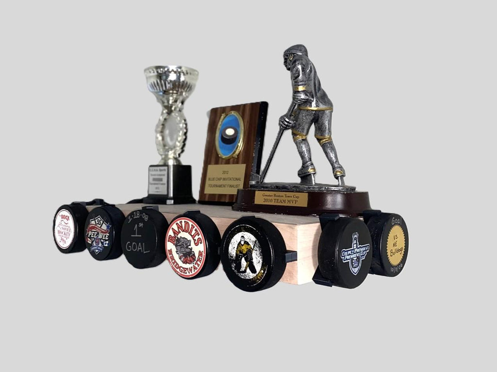 Hockey Puck Display Trophy Shelf: 8" Wide Floating Shelf, Memorabilia, Hockey Player Room Decor