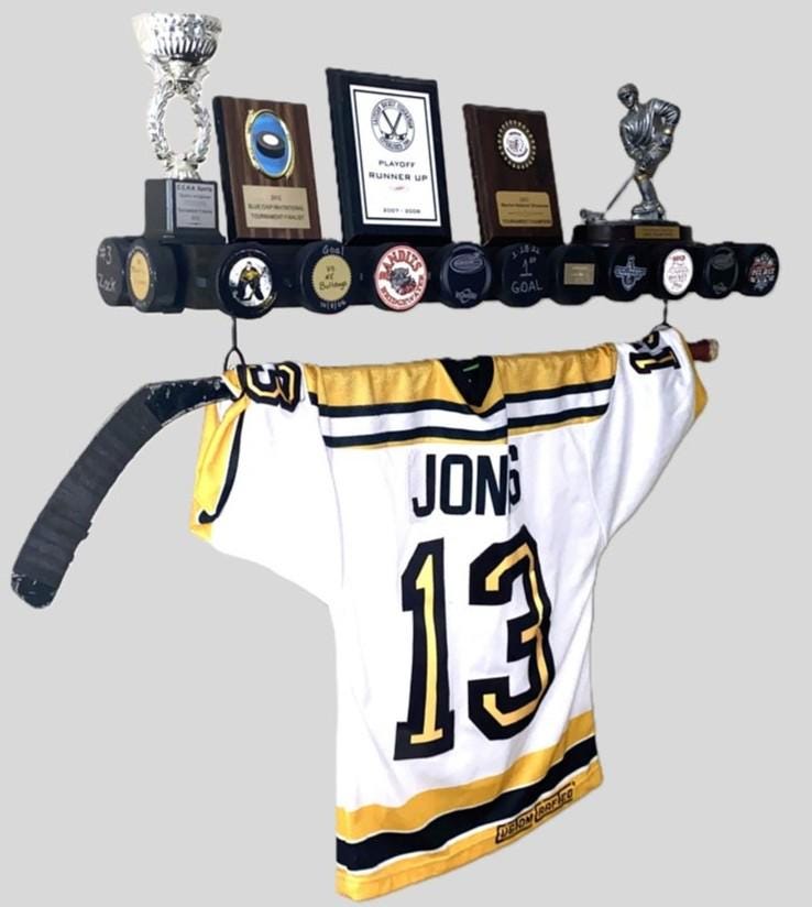 Hockey Puck Display Trophy Shelf: Memorabilia, 8" Wide Shelf, Hockey Player Room Decor