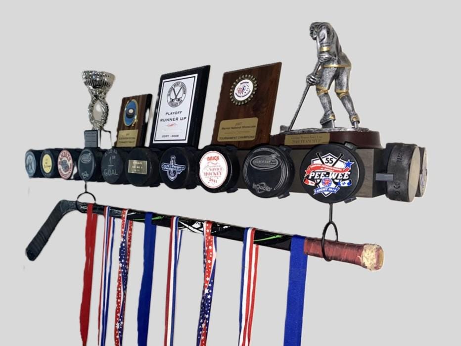 Hockey Puck Display Trophy Shelf: 8" Wide Floating Shelf, Memorabilia, Hockey Player Room Decor