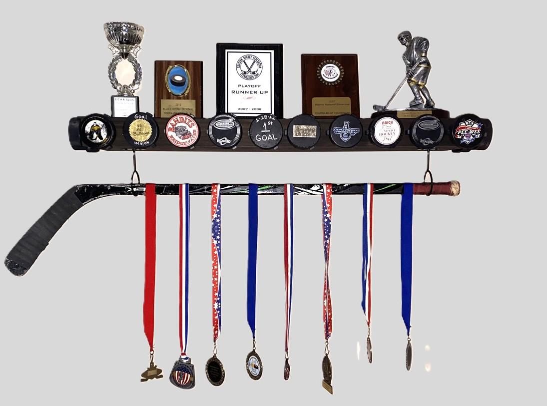 Hockey Puck Display Trophy Shelf: 8" Wide Floating Shelf, Memorabilia, Hockey Player Room Decor