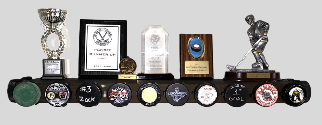 Hockey Puck Display Trophy Shelf: 8" Wide Floating Shelf, Memorabilia, Hockey Player Room Decor