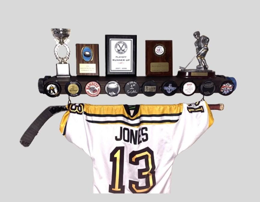 Hockey Puck Display Trophy Shelf: 8" Wide Floating Shelf, Memorabilia, Hockey Player Room Decor