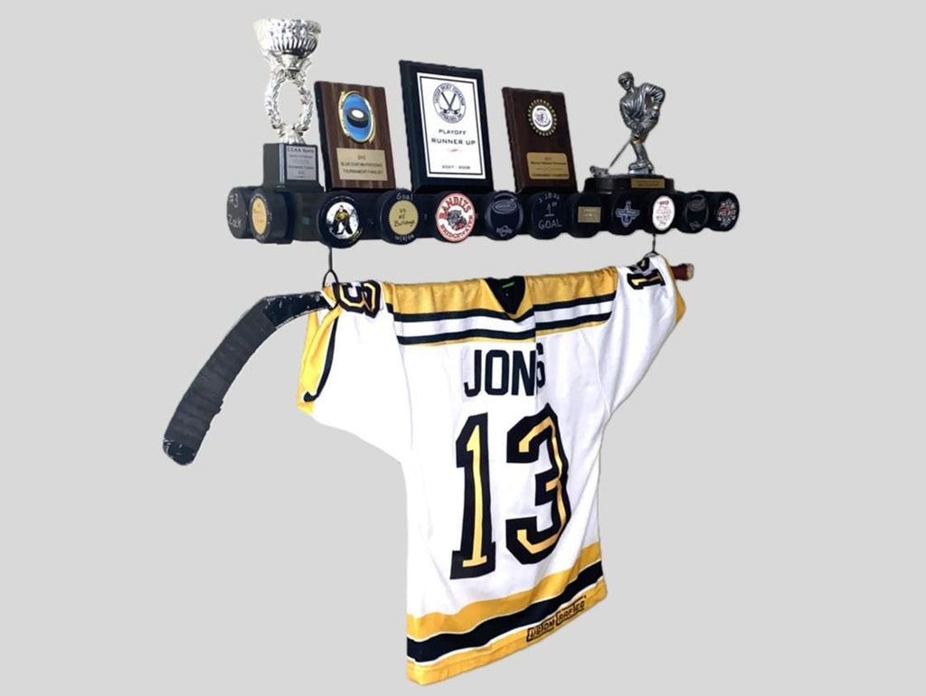 Hockey Puck Display Trophy Shelf: 8" Wide Floating Shelf, Memorabilia, Hockey Player Room Decor
