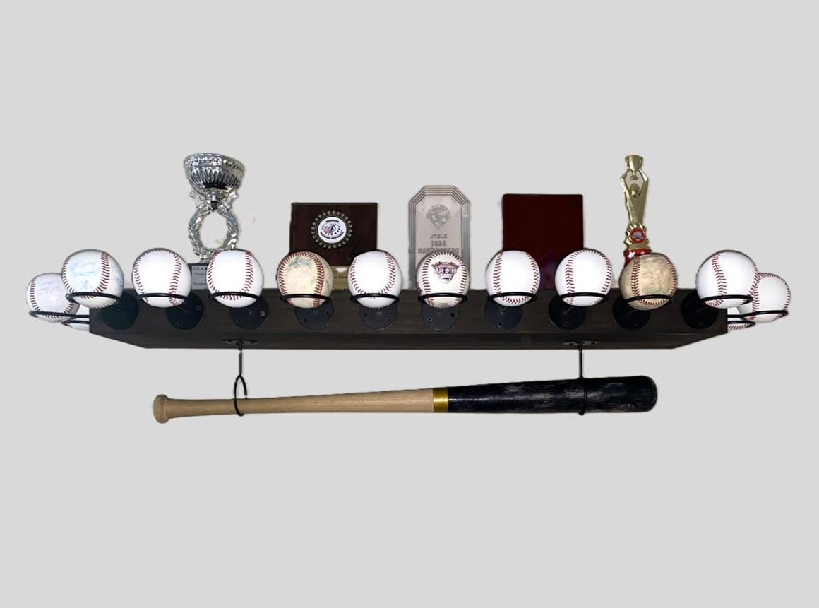 Baseball Trophy Display Shelf with Bat and Medal Holder, Ball Display Rack for Memorabilia, Awards, Trophies and Signed Baseballs