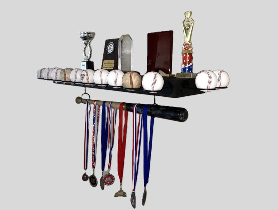 Baseball Trophy Display Shelf with Bat and Medal Holder, Ball Display Rack for Memorabilia, Awards, Trophies and Signed Baseballs