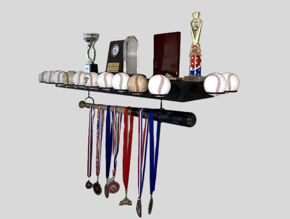 Baseball Trophy Display Shelf with Bat and Medal Holder, Ball Display Rack for Memorabilia, Awards, Trophies and Signed Baseballs