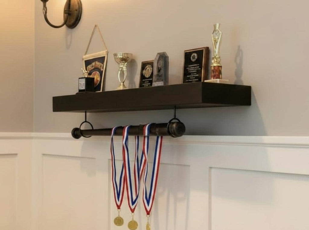 Baseball Trophy Display Shelf with Bat and Medal Holder, Ball Display Rack for Memorabilia, Awards, Trophies and Signed Baseballs