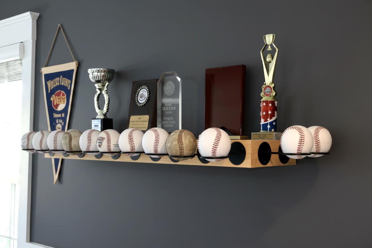 Baseball Trophy Display Shelf with Bat and Medal Holder, Ball Display Rack for Memorabilia, Awards, Trophies and Signed Baseballs