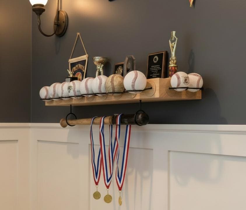 Baseball Trophy Display Shelf with Bat and Medal Holder, Ball Display Rack for Memorabilia, Awards, Trophies and Signed Baseballs