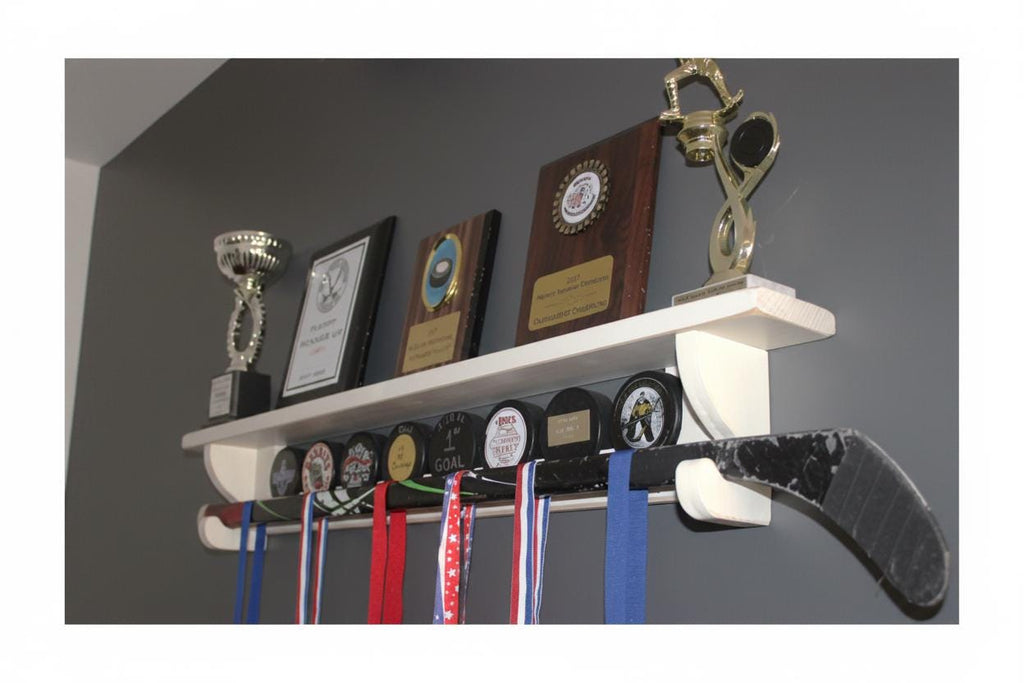 Hockey Puck Display Shelf: Trophy, Medal, Stick Holder