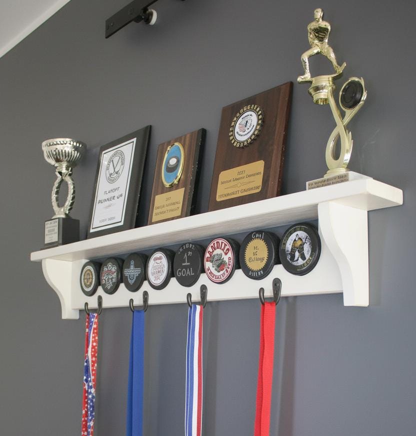 Hockey Puck Display Shelf: Trophy, Medal, Stick Holder
