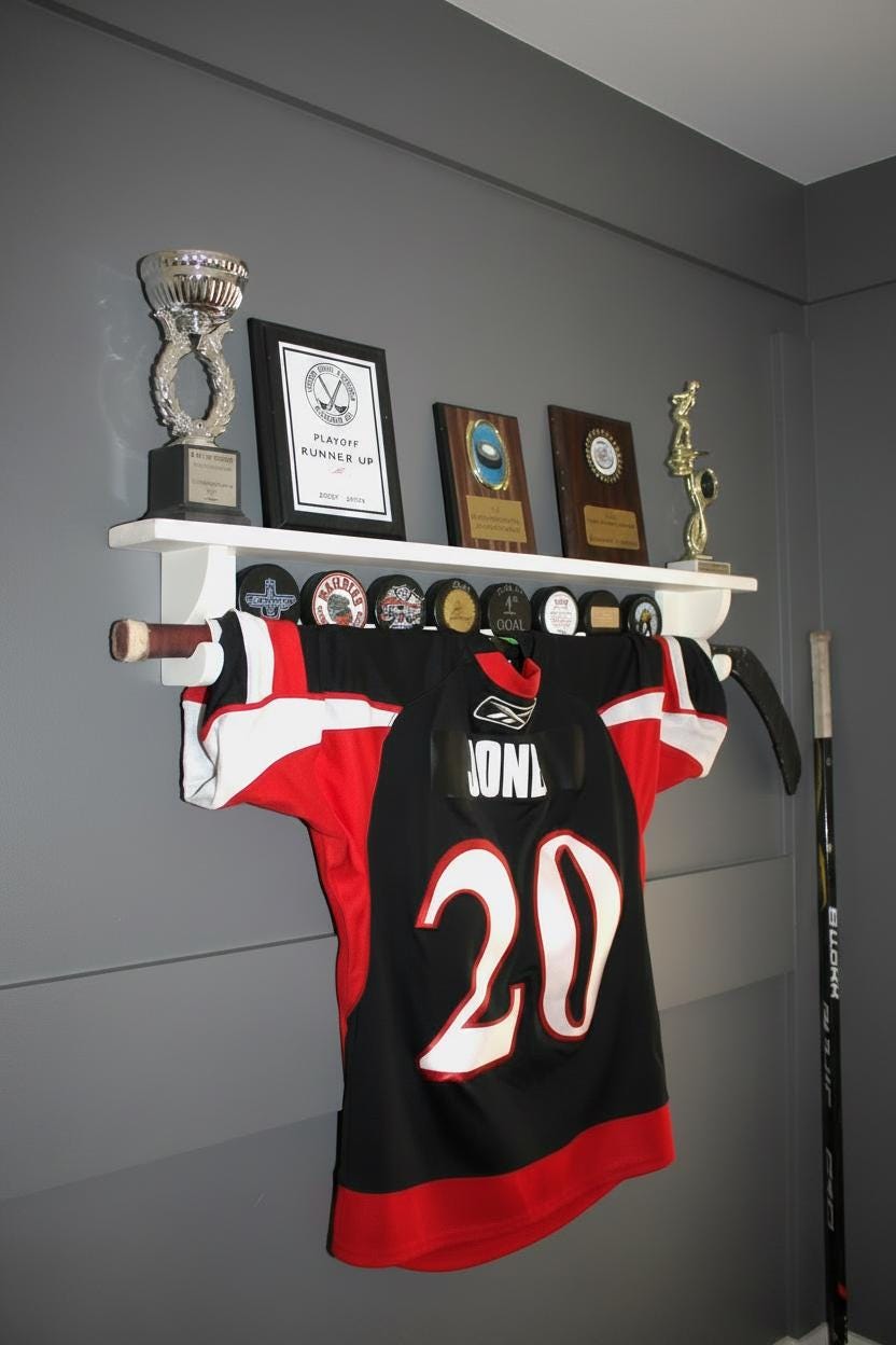 Hockey Puck Display Shelf: Trophy, Medal, Stick Holder