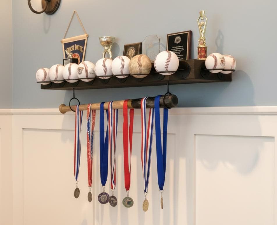 Baseball Trophy Display Shelf with Bat and Medal Holder, Ball Display Rack for Memorabilia, Awards, Trophies and Signed Baseballs