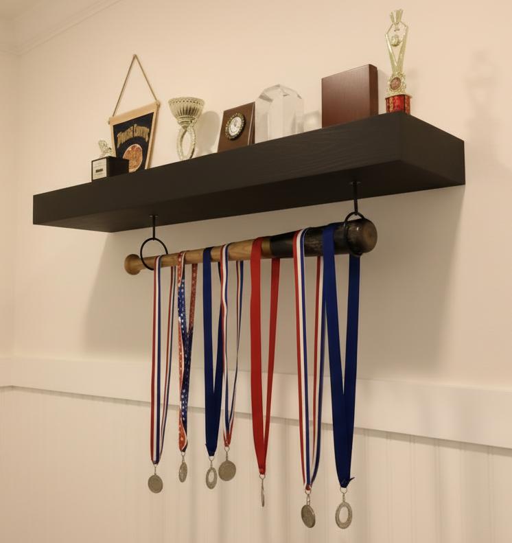 Baseball Trophy Display Shelf with Bat and Medal Holder, Ball Display Rack for Memorabilia, Awards, Trophies and Signed Baseballs