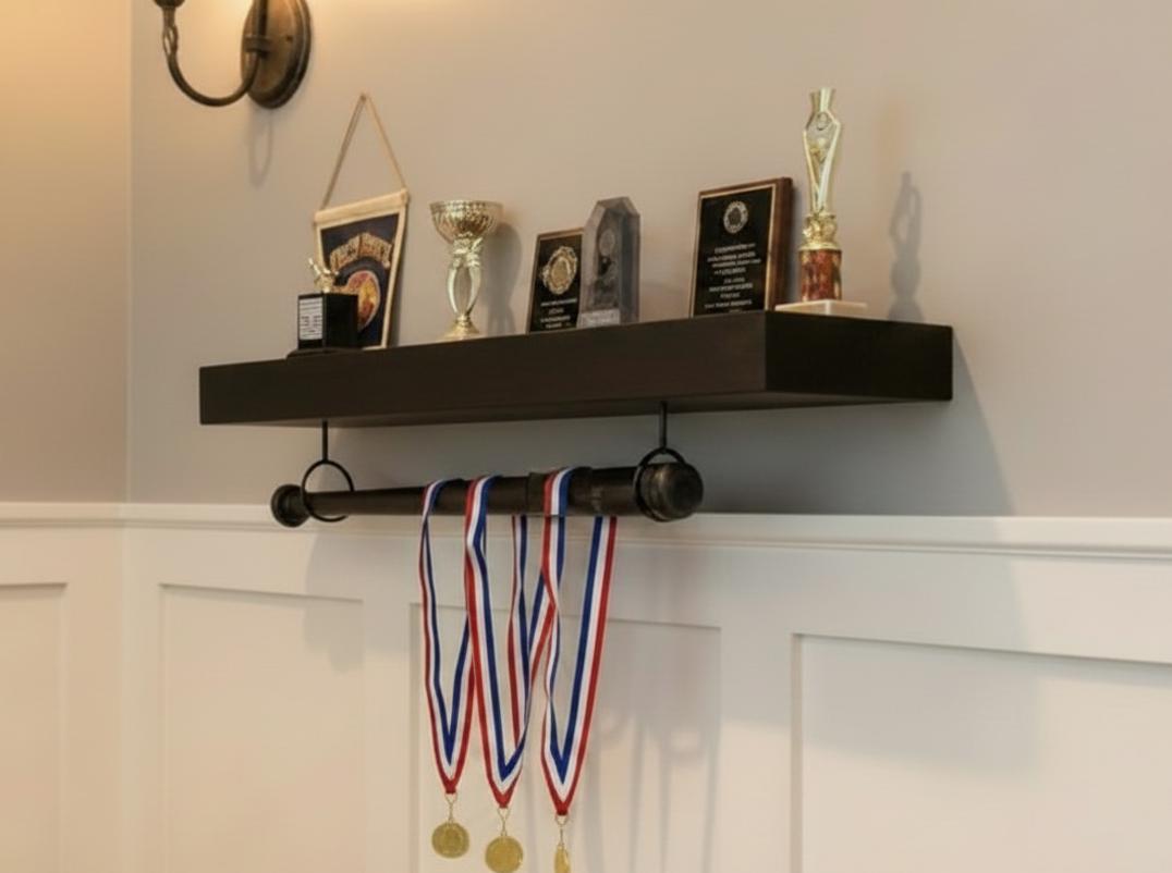 Baseball Trophy Display Shelf with Bat and Medal Holder, Ball Display Rack for Memorabilia, Awards, Trophies and Signed Baseballs
