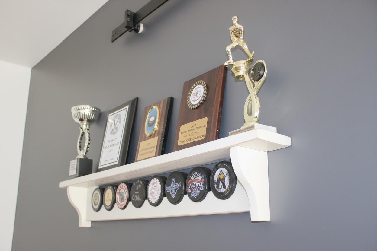 Hockey Puck Display Shelf: Trophy, Medal, Stick Holder
