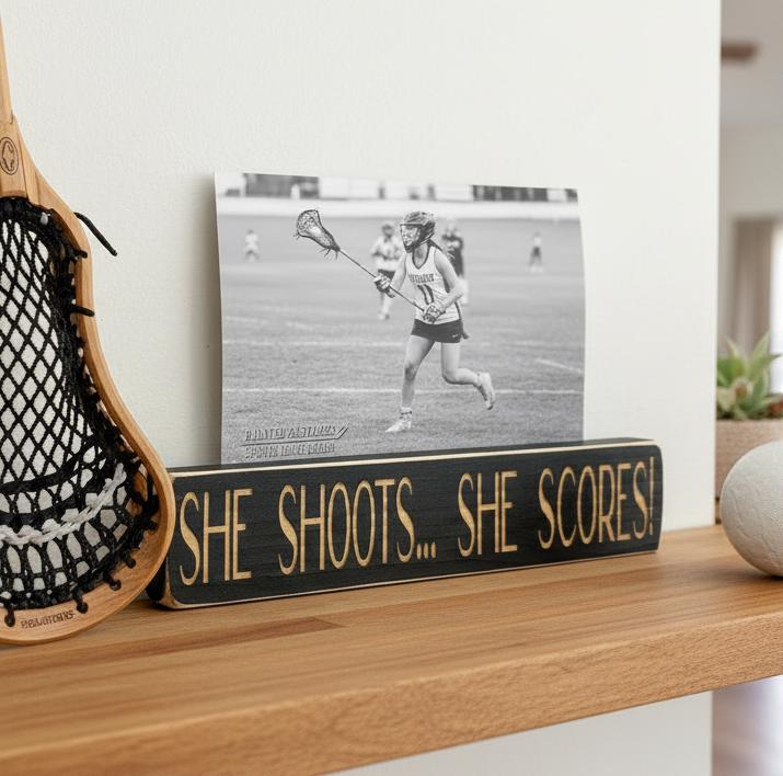 Black wood photo sign with engraved lettering reading "She Shoots... She Scores!", sitting on a shelf along with lacrosse decor.