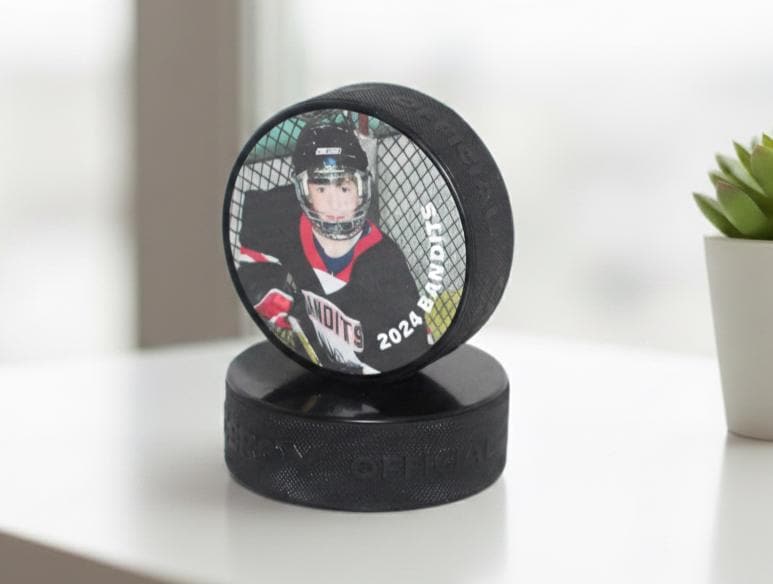 Player of the Game Personalized Hockey Puck with Stand