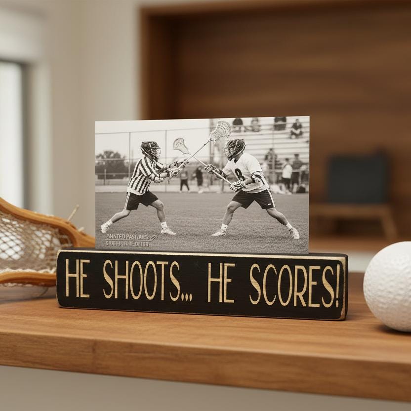 Black wood photo sign with engraved lettering reading "He Shoots... He Scores!", sitting on a shelf along with lacrosse decor.