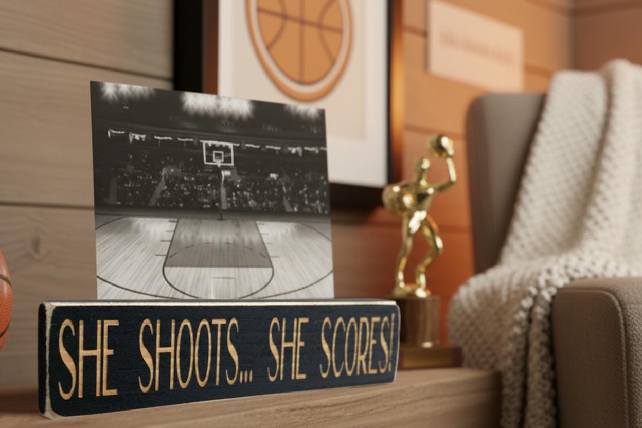 Black wood photo sign with engraved lettering reading "She Shoots... She Scores!", sitting on a shelf along with basketball decor.