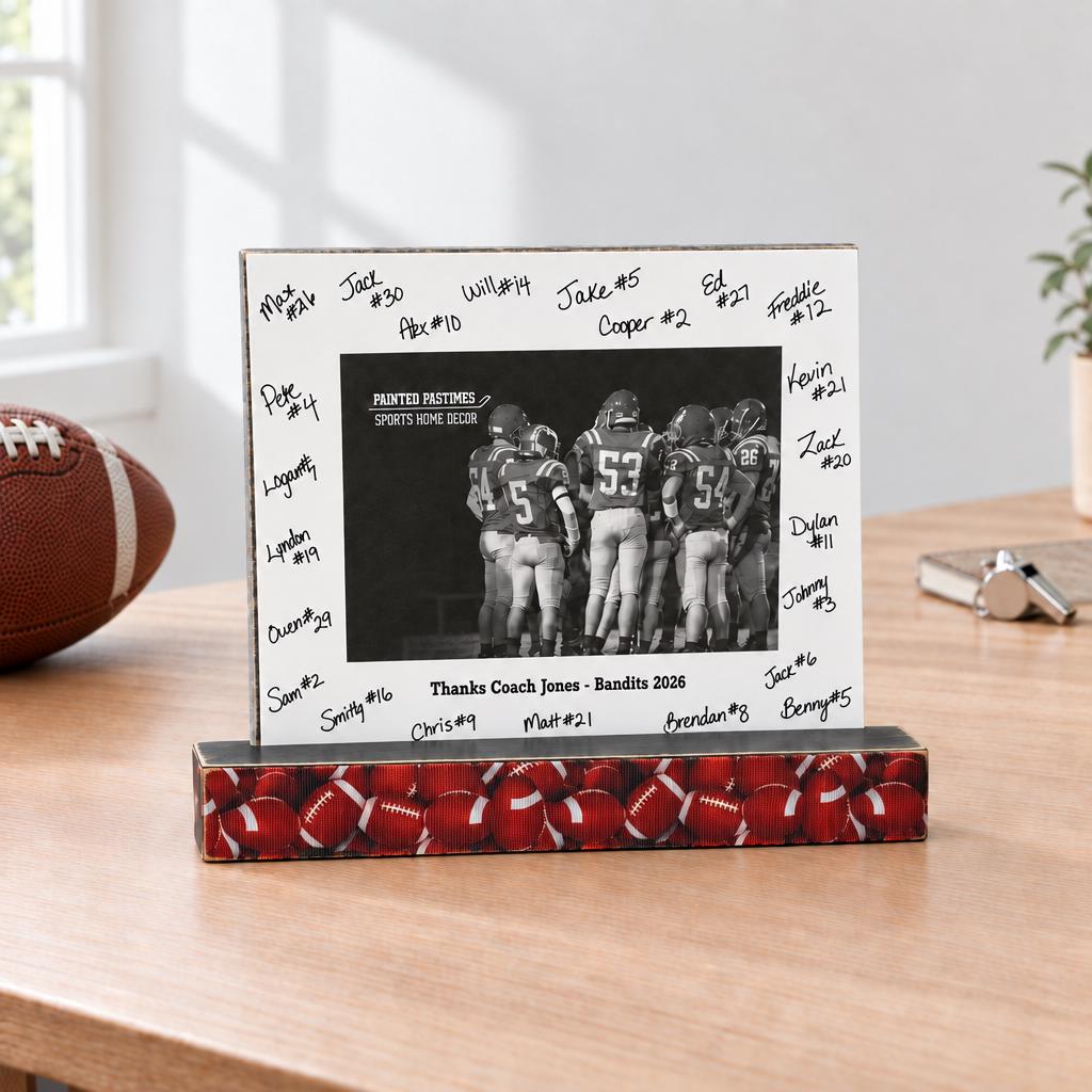 A football photo display with a wooden base with footballs and a matted photo of a soccer team with the team signatures all on the mat and custom team name and year as well.  This sits on a natural wooden desk along with a football, whistle and a plant.