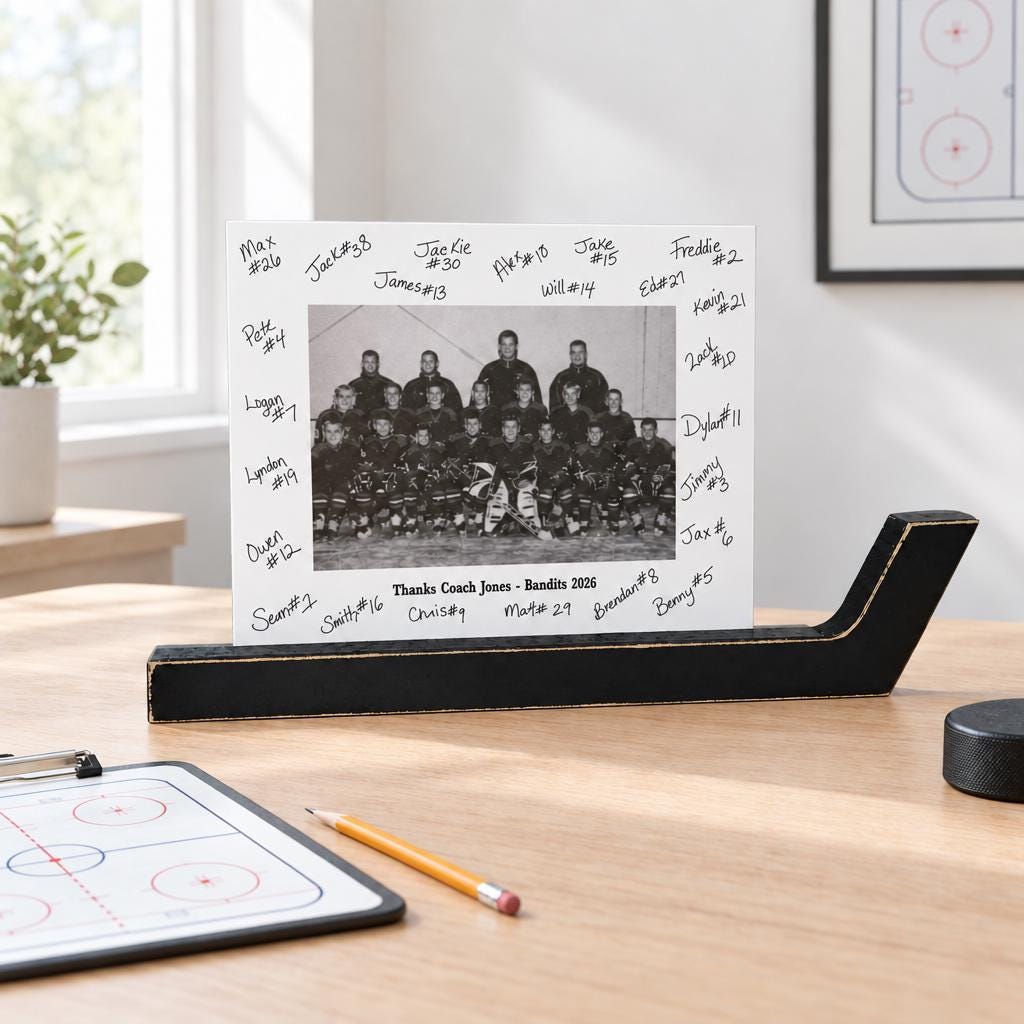 A hockey photo frame with a base of a hockey stick and a matted photo of a hockey team with the team signatures all on the mat and custom team name and year as well.  This sits on a natural wooden desk along with a hockey puck, rink clipboard, pencil and a plant.