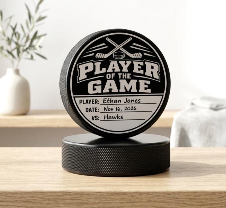 A Player of the Game puck with hockey sticks and a puck design on top and three spaces to fill in the blank lines for NAME, DATE, and OPPOSING TEAM which is attached to another puck to create a stand.  This is in a very light and airy room setting on a natural wood shelf.