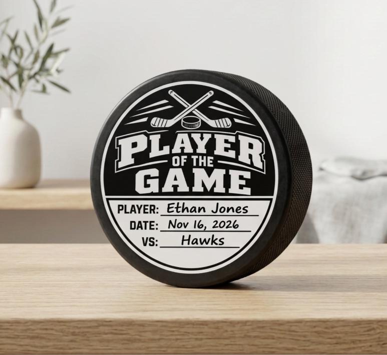 Player of the Game Personalized Hockey Puck with Stand