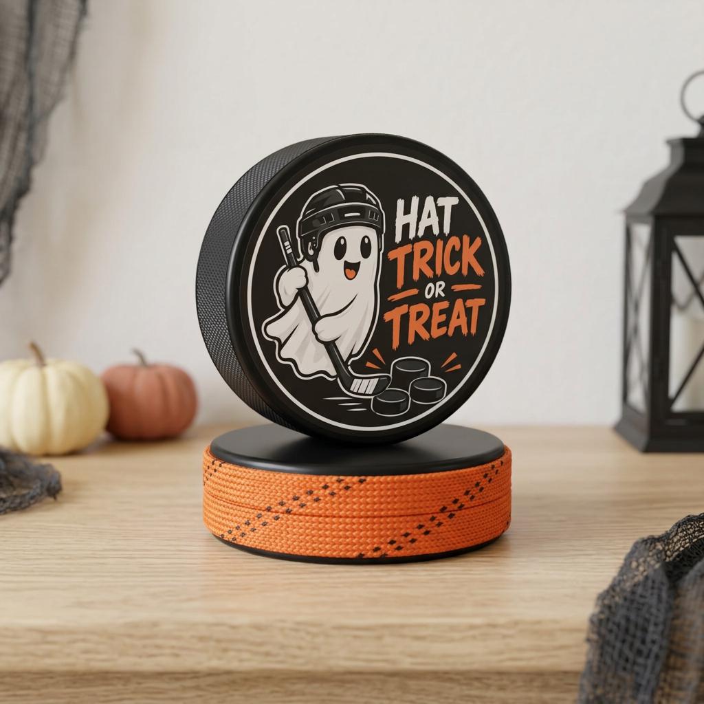 A little spooky, a lot of hockey. The love of the game transformed into Halloween with this “Hat Trick or Treat” hockey puck decoration, featuring a friendly ghost geared up with a helmet and stick and a puck base with orange hockey laces around the edges.  This sits on a natural table along with other fall decorations like a couple of pumpkins and a black lantern