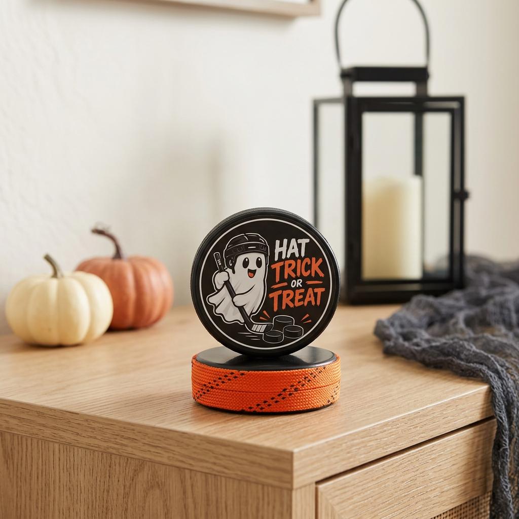 A little spooky, a lot of hockey. The love of the game transformed into Halloween with this “Hat Trick or Treat” hockey puck decoration, featuring a friendly ghost geared up with a helmet and stick and a puck base with orange hockey laces around the edges.  This sits on a natural table along with other fall decorations like a couple of pumpkins and a black lantern
