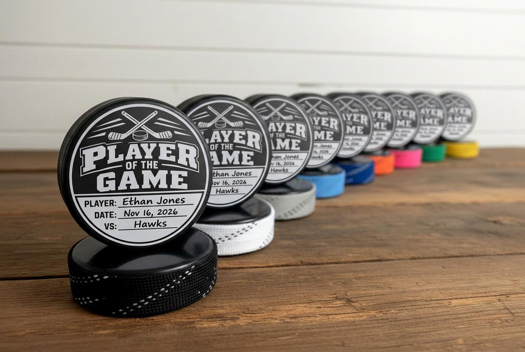 Player of the Game Personalized Hockey Puck with Hockey Laced Edges
