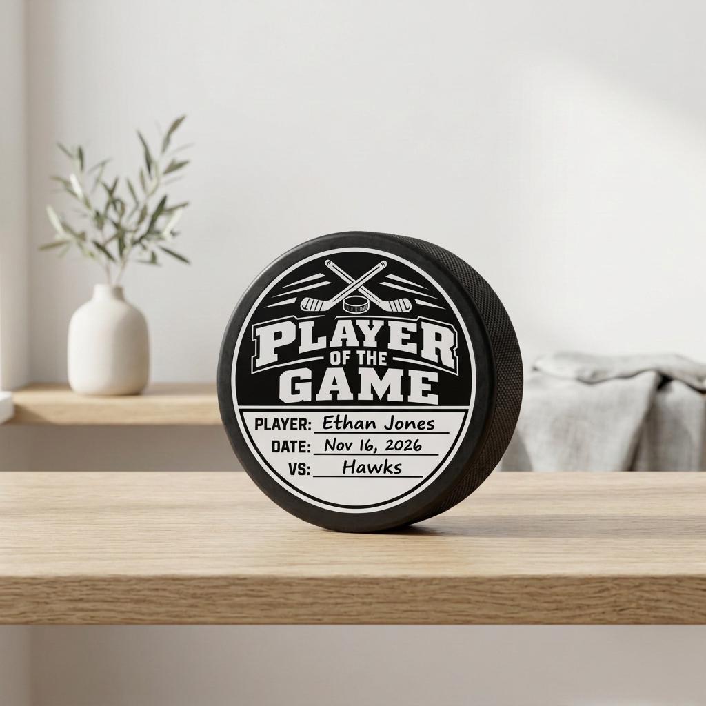 A "Player of the Game" puck with hockey sticks and a puck design in top and three spaces to fill in the blank lines for NAME, DATE, and OPPOSING TEAM.  This is in a vey light and airy room setting on a natural wood shelf.