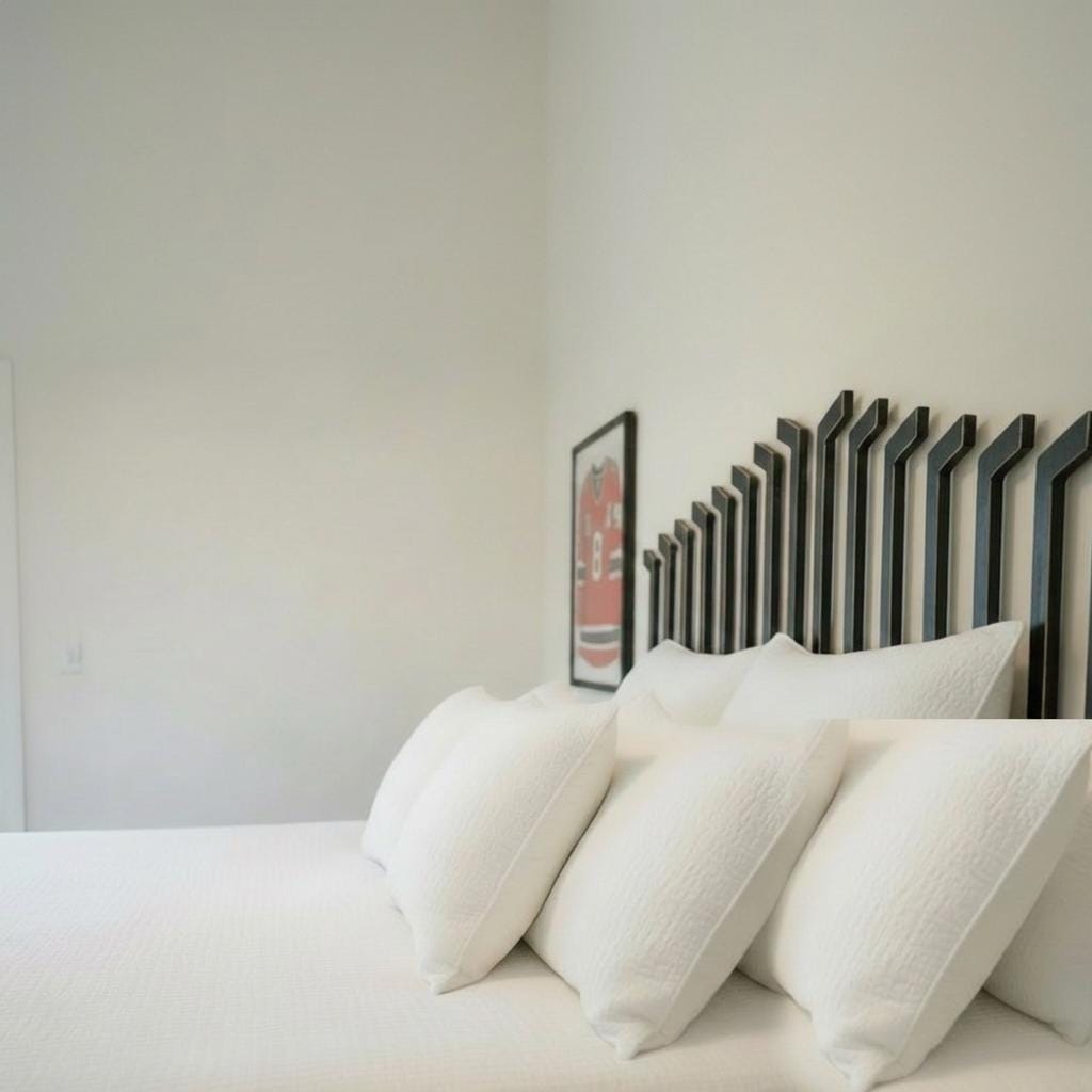 Fourteen black hockey sticks are strategically placed to create a stunning headboard look to this bedroom with lots of hockey decor.