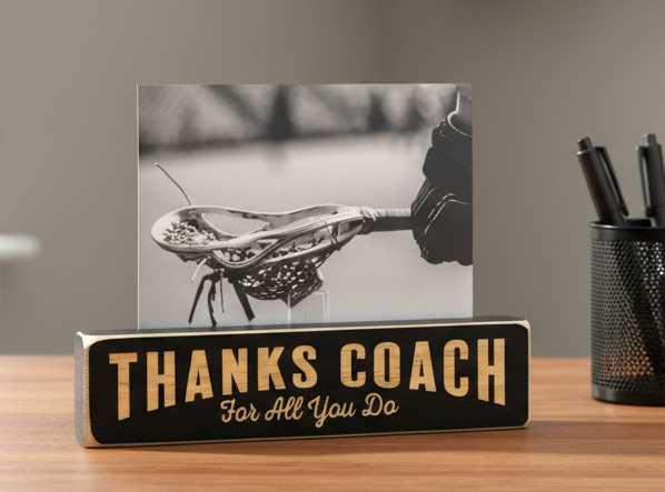 A rectangular black sign with lasered lettering reading 'THANKS COACH For All You Do' displayed on a wooden desk, holding a black-and-white photo of a lacrosse head and glove. A black mesh pen holder is visible at the right edge.