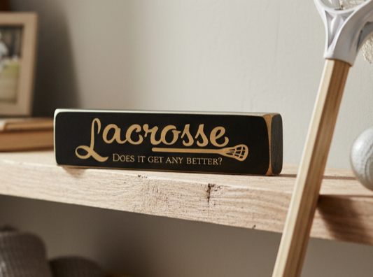 A rectangular black wooden sign with engraved lettering that reads 'Lacrosse Does it get any better?' resting on a light wood shelf, with a lacrosse stick and framed picture blurred in the background.