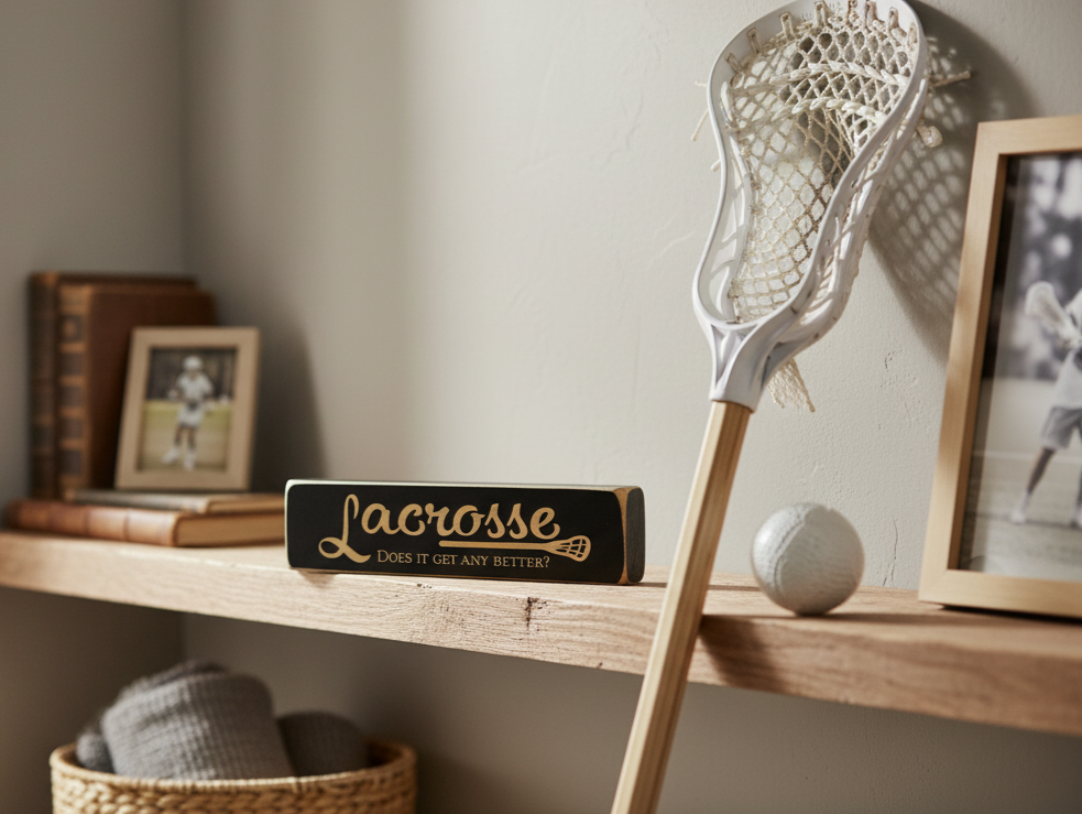 Laser Cut Lacrosse Sign: Black Wood Sports Decor (1.75" x 8")