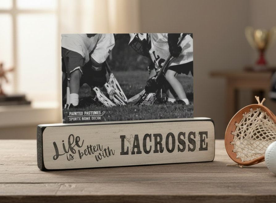 A rustic wooden block sign with the phrase 'Life is better with LACROSSE' in black lettering, holding a black-and-white lacrosse photo print. The sign sits on a wooden table next to a lacrosse head and a white ball, with a softly blurred indoor background.