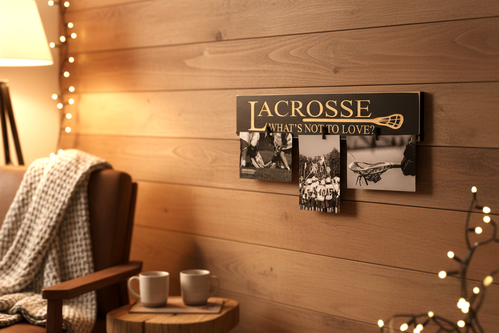 A rustic wooden wall plaque with the word 'LACROSSE' in engraved lettering and the phrase 'WHAT'S NOT TO LOVE?' hangs on a wood-paneled wall. The plaque is styled in a cozy room setting with warm string lights, a chair with a throw blanket, and small mugs on a side table.