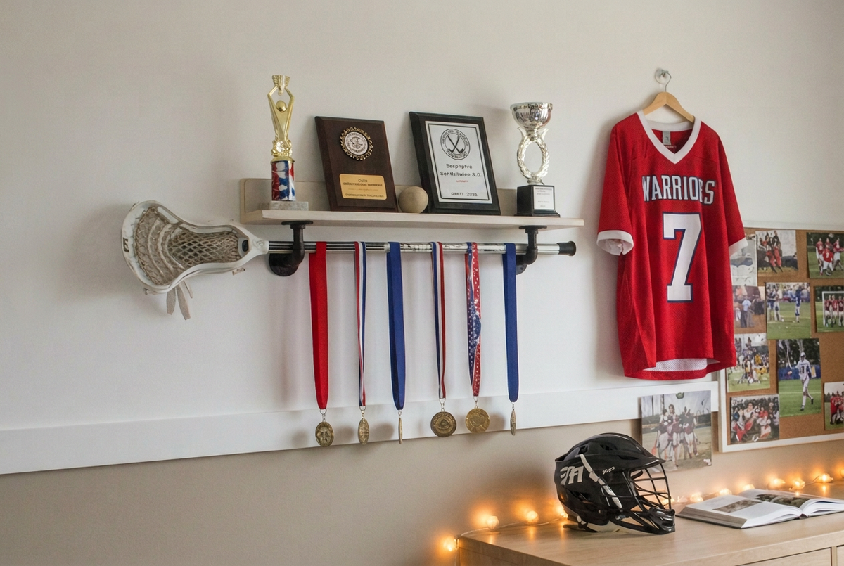 A wall-mounted lacrosse shelf in a home setting, holding a lacrosse stick and several ribbons and medals.  Framed awards and trophies sit on the shelf.  This is in light and airy bedroom with lots of lacrosse decor.
